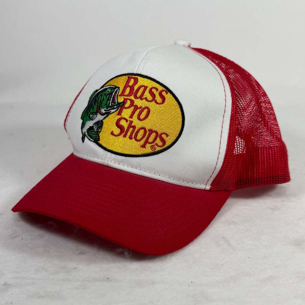 Bass Pro Shops Red and White Mesh Back Trucker Snapback Hat